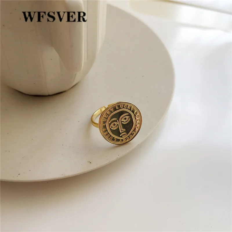 

WFSVER new design korea style 925 sterling silver ring for women gold color face pattern opening adjustable ring fine jewelry