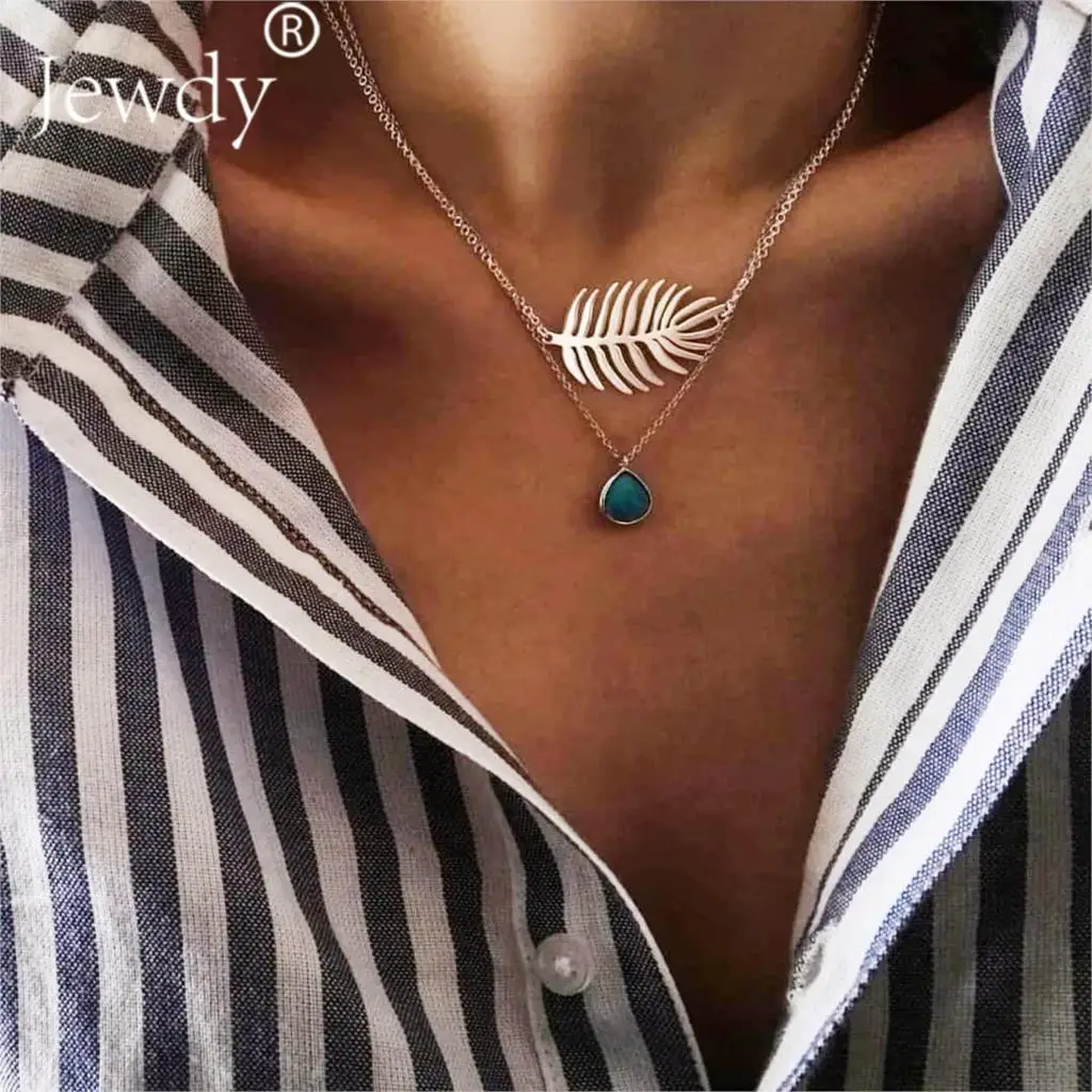 Feather Pendant Stone Necklace for Women Multilayer Chain Choker Necklaces Summer Gift Drop Shipping Bijoux Handmade Jewelry