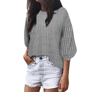 

Fashion Winter sweater Women Solid O-Neck Loose Knitted 3/4 Latern Sleeve crop sweater slim solid knitted jumpers sweter 7.10
