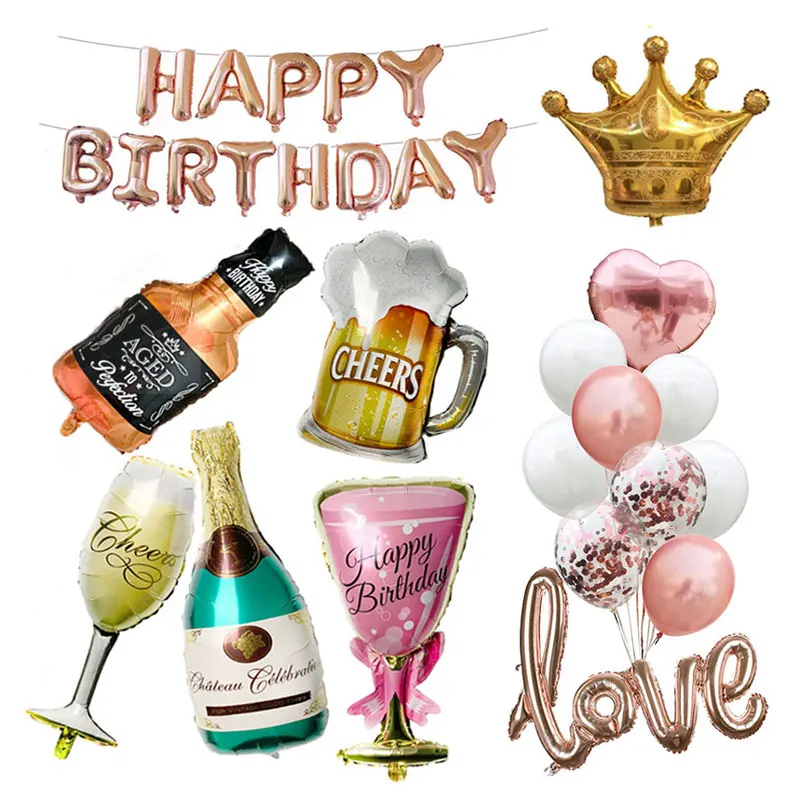 

Happy Birthday Party Decoration adult Big Crown Champagne Glasses Whiskey Beer foil Ballons 18th 21st 30th 50th Birthday Balloon