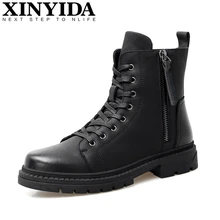 Горячие Зимняя обувь из натуральной кожи Для мужчин на шнуровке теплый плюш ботинки martin ботильоны лодки модные мотоботы Большие размеры 38–46