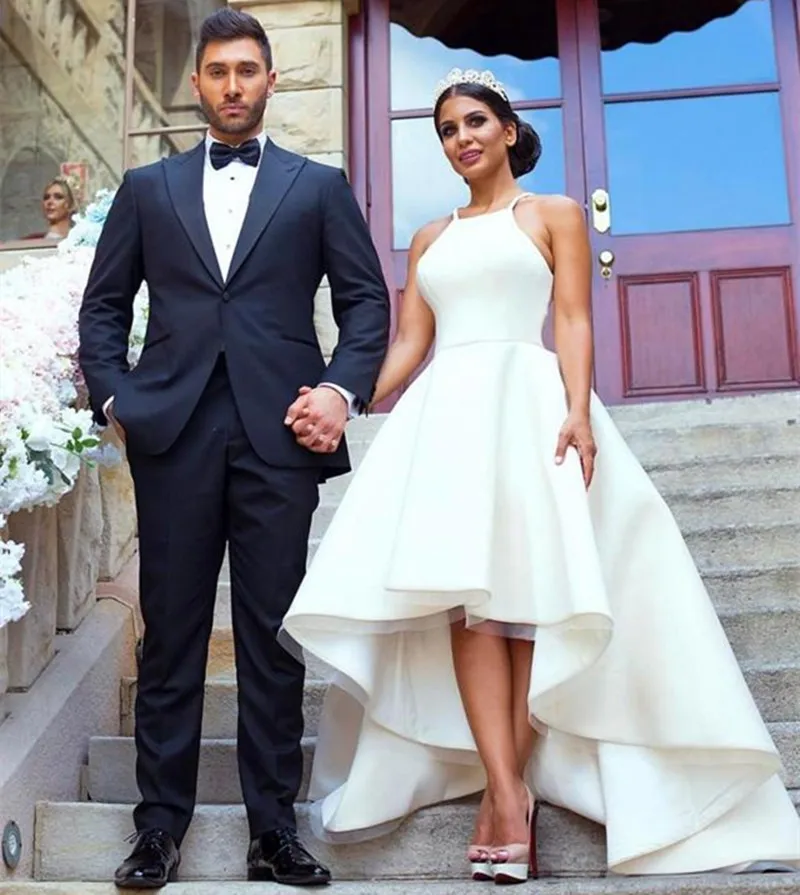 

Modest Simple Wedding Dresses Hi Low Halter Neck Satin A-Line Sleeveless 2019 Cheap Wedding Party Formal Beach Bridal Gowns