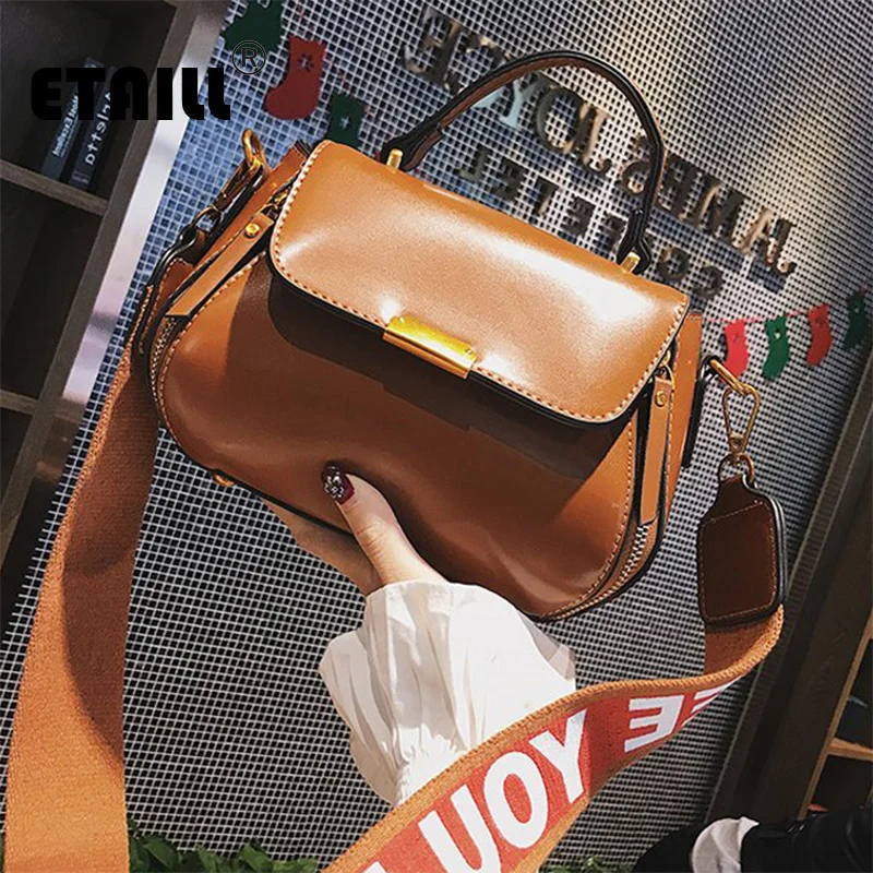 

ETAILL Small Lady Top Handle Bags for Women Letter Wide Strap Shoulder Bags Ladies Handbag Messenger Crossbody Smooth PU Bags