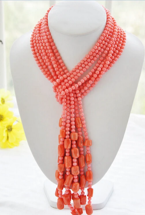 

N1939 4pcs 6mm round 15mm cylindrical pink coral necklace 50inch