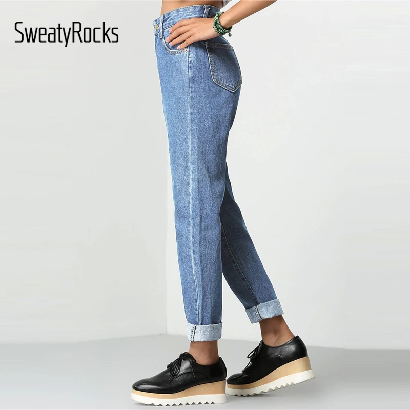 SweatyRocks Rolled Up Mom Jeans Streetwear Women Casual Loose Solid Pants And Trousers 2019 Spring Zipper Fly Basics Jeans SweatyRocks Rolled Up Mom Jeans Streetwear Women Casual Loose Solid Pants And Trousers 2019 Spring Zipper Fly Basics Jeans