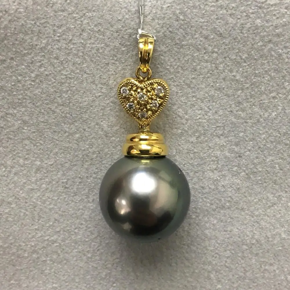 Free Shipping 18K Yellow Gold Round Black Tahitian Sea Cultured Pearl Diamond Pendant 13.6MM | Украшения и аксессуары