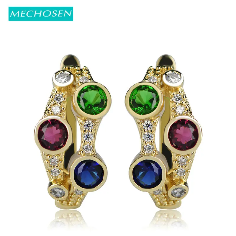 

MECHOSEN Multicolor Rhinestones Stud Earrings for Women Party Ear Bijuterias AAA+ Zirconia Rhodium Plated Boucle d'oreille femme