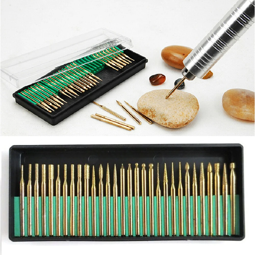 30pcs 3mm Titanium Diamond Coated Burrs Bur Bit Set For Dremel Shank Rotary Toolsets girlsset