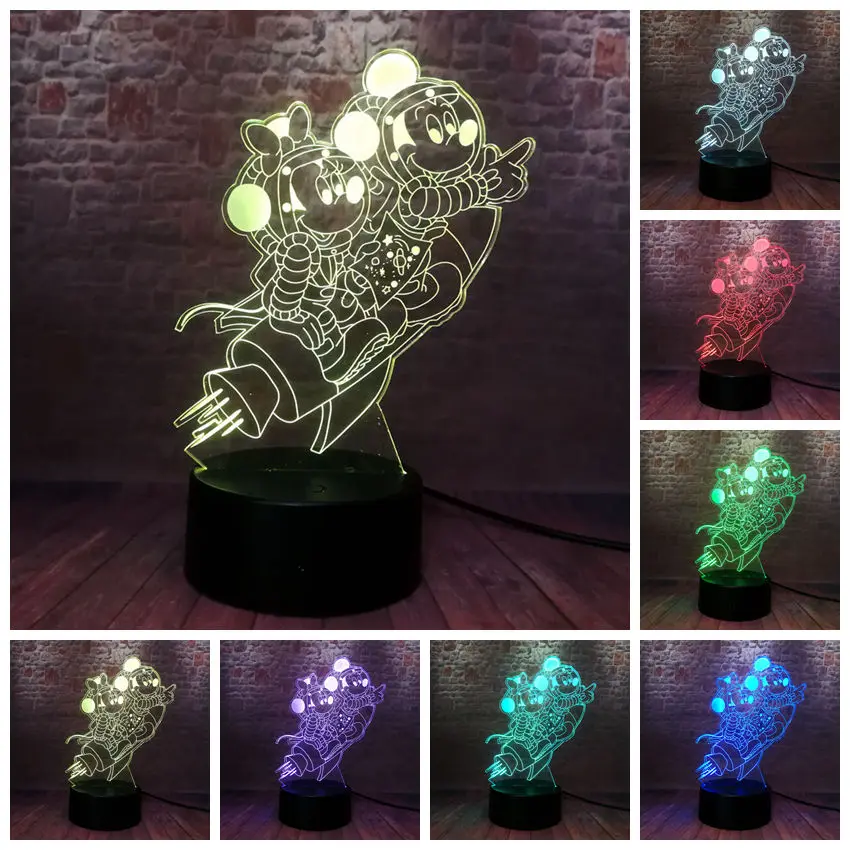 

Rocket Mickey and Minnie Figuras 3D Nightlight LED 7 Colors Changing Light Mickey Mouse Anime Figure Toys For Children