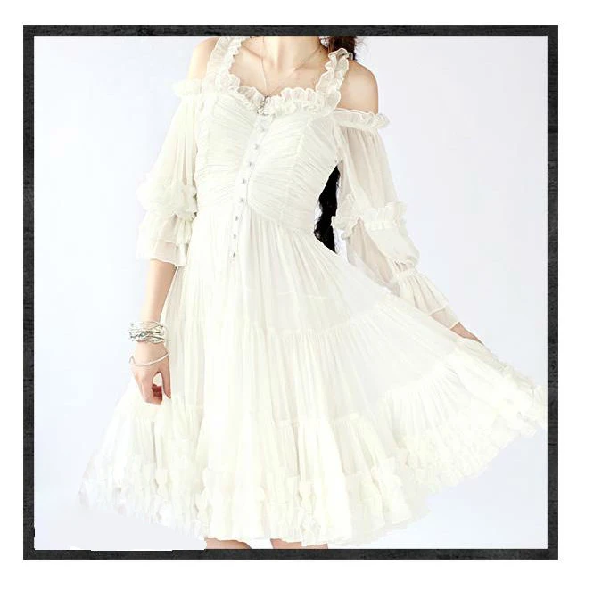 Модные женские летние шифоновые платья принцессы Лолиты с оборками белое вечернее платье с открытыми плечами vestidos AW385