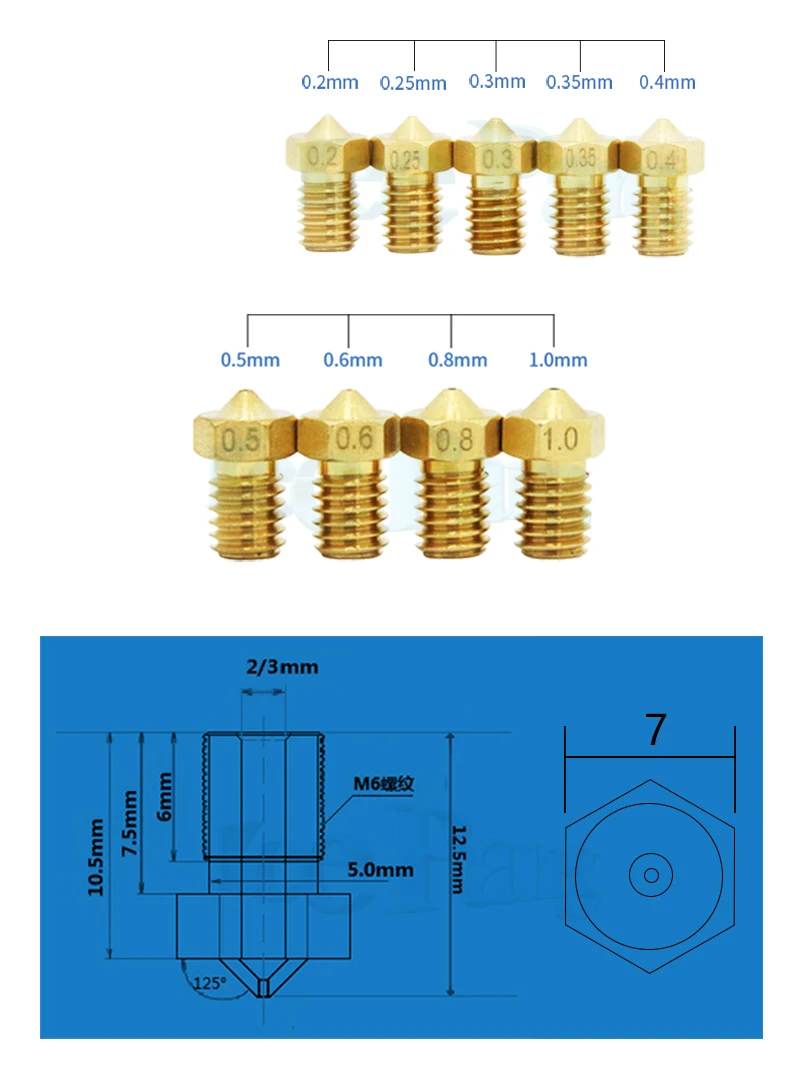 10 шт. V5 V6 сопло 0,2 мм 0,3 0,4 мм 0,5 0,6 0,8 1,0 мм детали 3D-принтера M6 резьбовые полностью металлические для 1,75 мм нити экструдера часть 1