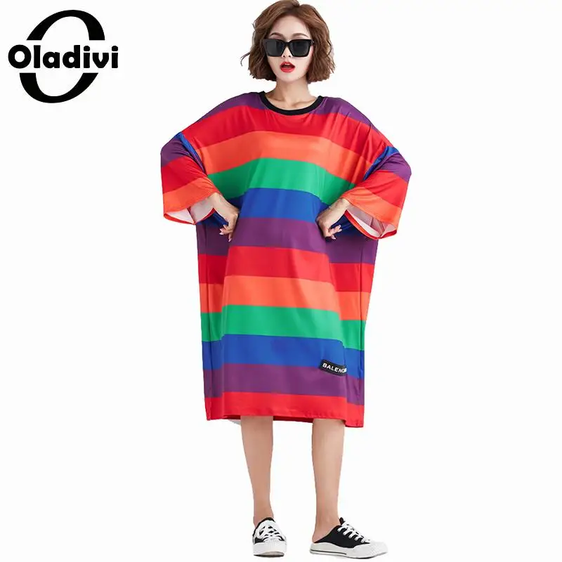 Oladivi плюс Размеры Для женщин модное летнее платье в полоску Новинка, женские, повседневные, свободные миди платья Vestidos Femininos 6XL 5XL