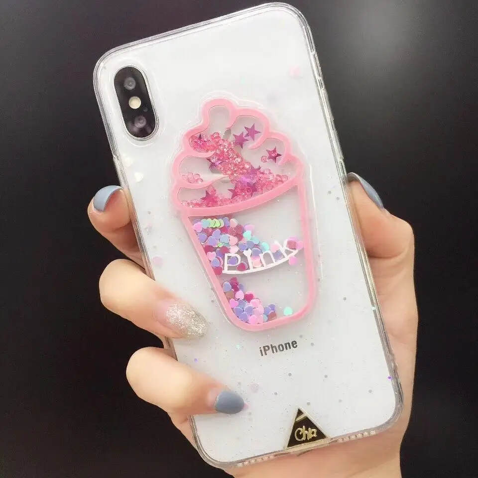 

3D Cute icecream quicksand Phone Case For iPhone X 6 6S 7 8 Plus Transparent Soft TPU Back Cover Cases Coque