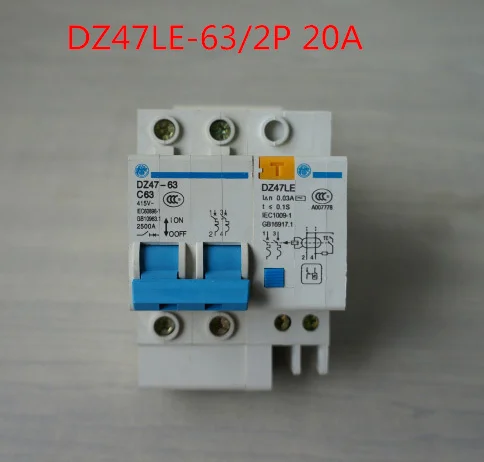 DIN Dail 2P Overload Circuit Breaker 230VAC 20A C20 DZ47LE-63