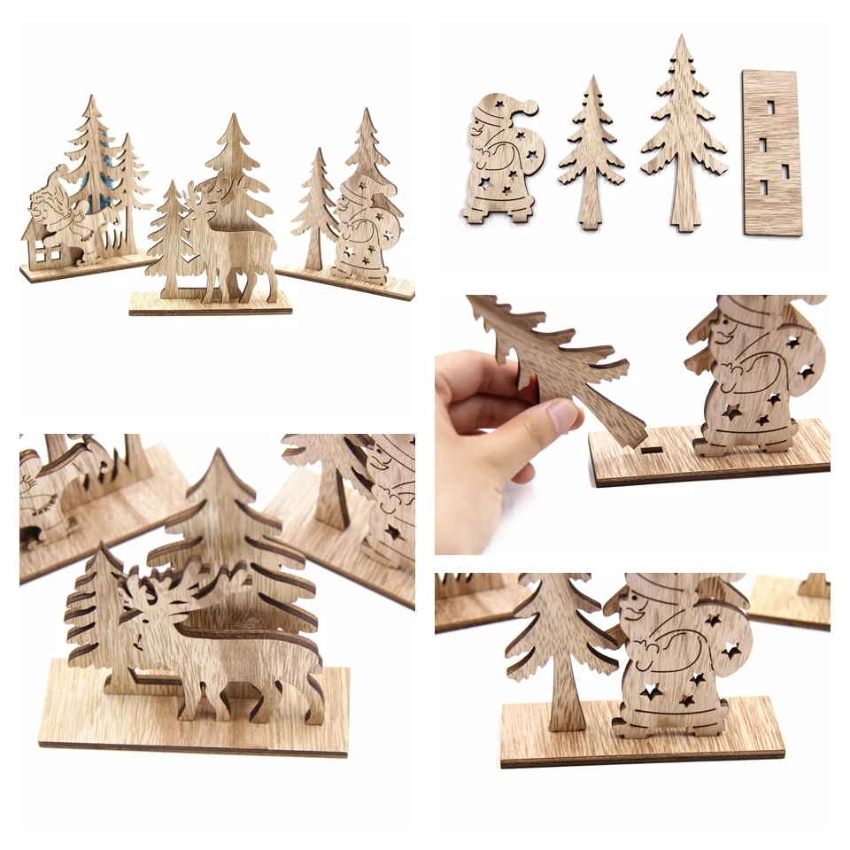 1Set Creative DIY Wood Crafts Christmas Santa Claus&Snowman Wooden Ornaments For Christmas Party Supplies Home Table Decorations