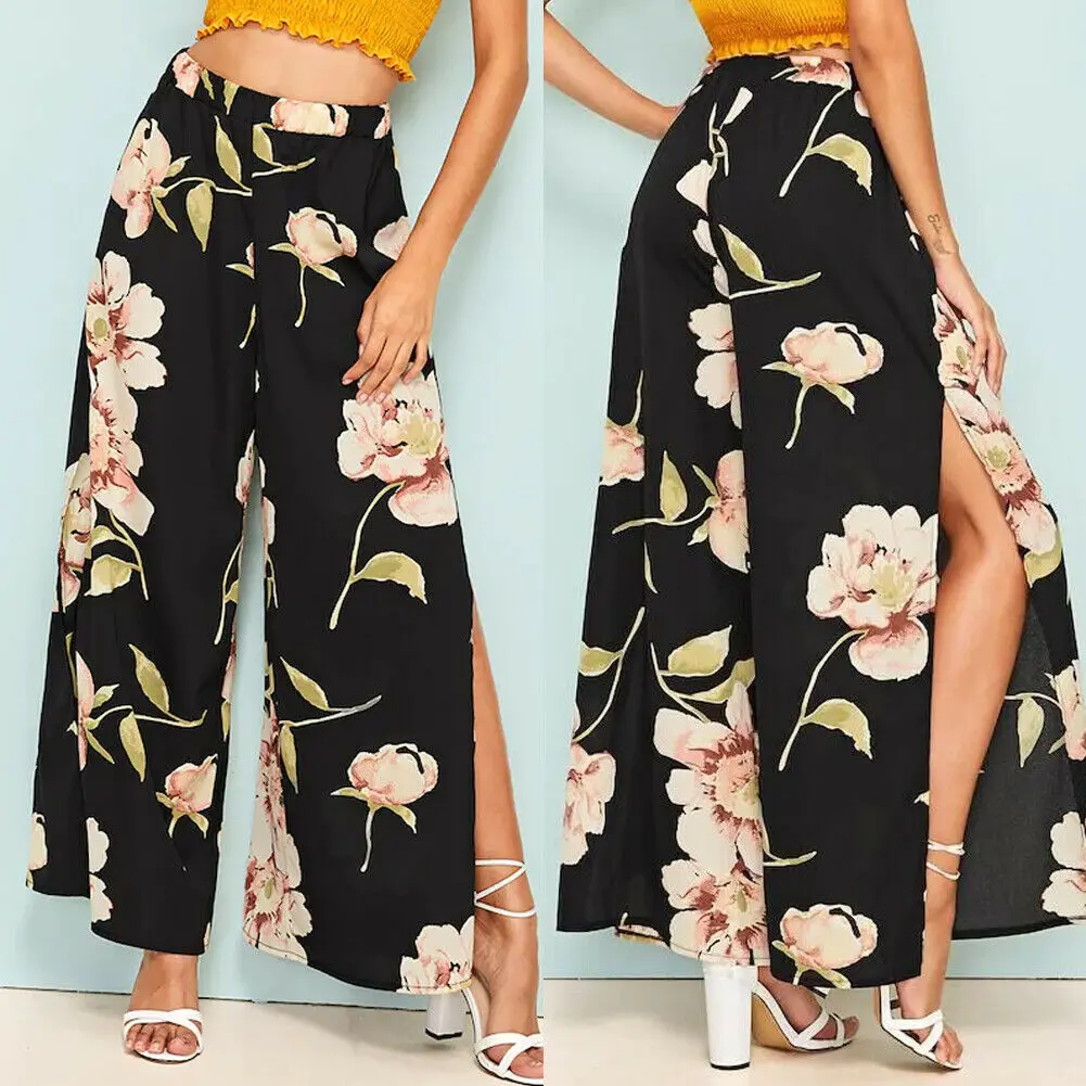 

2019 Newest Style Women Spring Summer Cool Chiffon High Waist Floral Pants Loose Culottes Wide Leg Long Trousers
