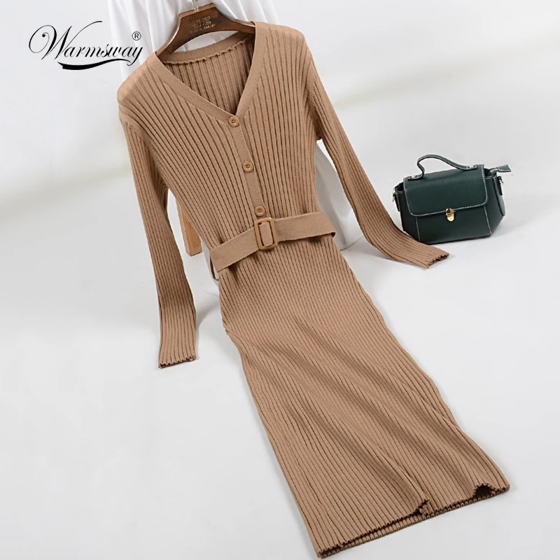 

Women Sexy Bodycon Dress with belt Winter Autumn 2019 Women Fall Fashion New Designer Side Split Ribbed Midi Dress C-235