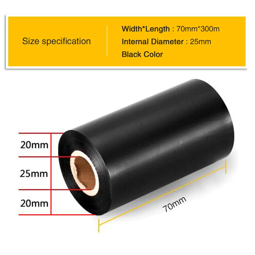 

2PK for Thermal Transfer barcode label printer print 70mm(Width)*300m(Length) 25mm(Internal Diameter) Black Color Wax Ribbon