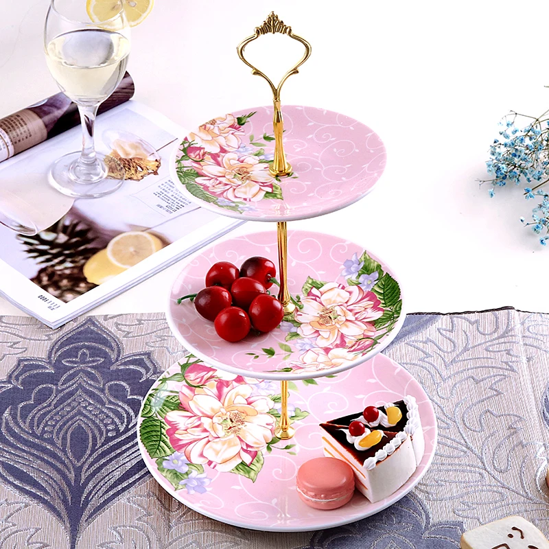 Ceramic Cake Plate Sets 3 Layer Pastry Snack Tray Kitchen Accessories Fruit Tray Handling Gold line - 32835408060