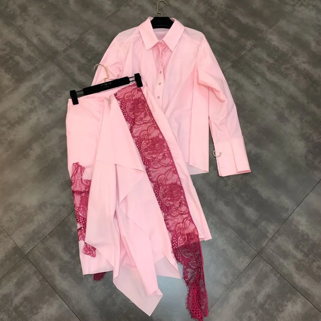 

Skirt suit 2019 summer new lapel long sleeve loose shirt with lace + irregular skirt two-piece suit women