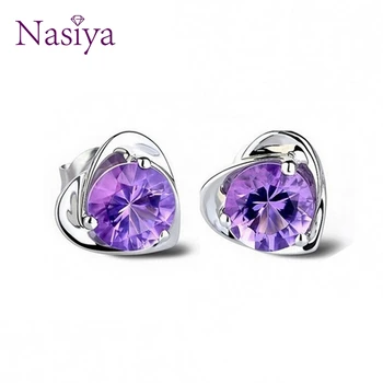 

925 Sterling Silver Stud Earrings for Women Real Jewelry Heart Shape Natural Purple Amethyst Crystal Wedding Valentines day Gift