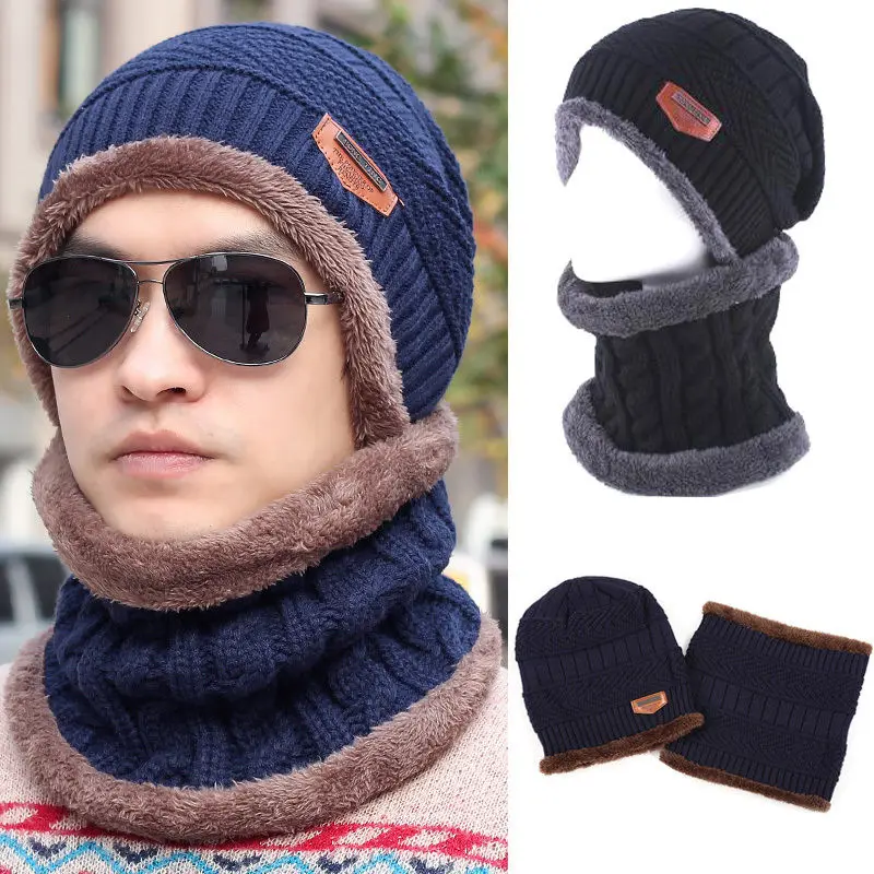 Mens Winter Warm Hat Scarf Sets Beanie Baggy Fleece Ski Cap Neckerchief