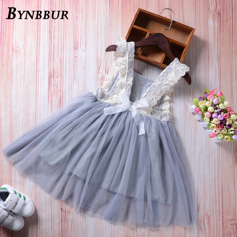 Bynbbur Lace Mesh Patchwork Ruffles Princess Dress Girls Bow Party Dress Backless Cute Baby Kid Girls Dress 2019 Summer New