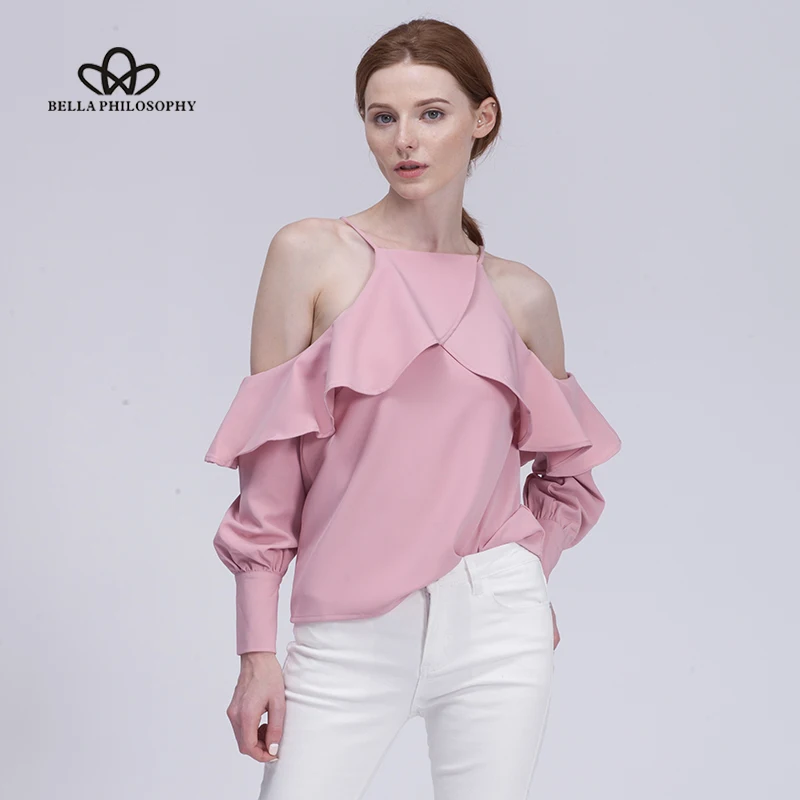

Bella Philosophy 2018 Spring Sexy Halter Shirt Blouse Women Tops Casual Ruffles Cold Shoulder Shirt Female Backless Blusas