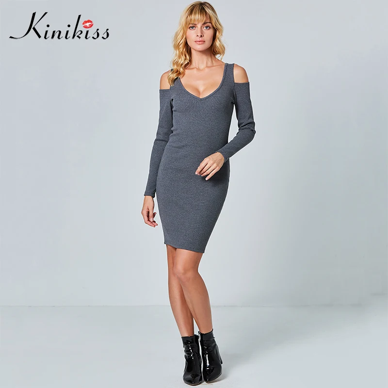 Для женщин пикантные Платья-свитеры Bodycon Long Sleeve Cold Shoulder трикотаж платье Демисезонный v-образным вырезом темно-серый элегантный вязаное