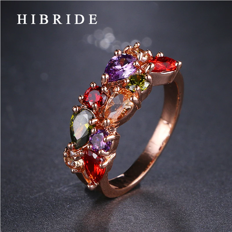 

HIBRIDE Jewelry AAA Multicolor Cubic Zirconia Ring Classic Style Rose Gold Color Mona Lisa Ring for Women Gifts QSP0010-16