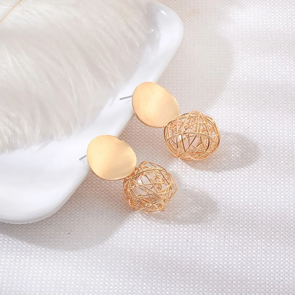 

Women Fashion Woven Hollow Ball Geometric Faux Pearl Drop Earrings Jewelry Gifts