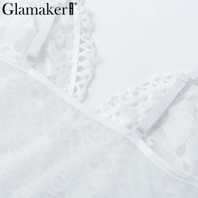 Glamaker Sexy lace transparent mesh bodysuit Women jumpsuit white bodycon black backless bodysuit Female summer bodysuit ladies Glamaker Sexy lace transparent mesh bodysuit Women jumpsuit white bodycon black backless bodysuit Female summer bodysuit ladies