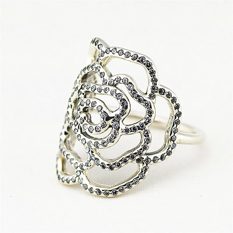 

Original 925 Sterling Silver Jewelry Large Rose Silver Ring with Clear CZ Fashion Jewelry Trendy Rings for Women FLR050