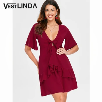 

VESTLINDA Plunging Neck Knot Tie Layered Flounce Casual Mini Dress Elegant Women Solid Wine Red A Line Summer Dress 2018 Vestido