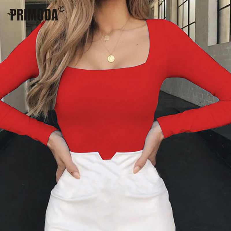 

2019 New Women Autumn Winter Long Sleeve T Shirts Warm Sexy Black White Square Collar Harajuku Wrap Bodycon Basic Tees TShirt
