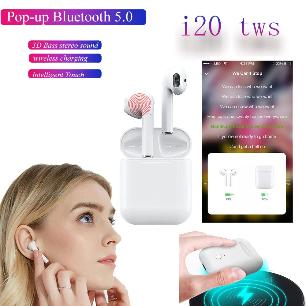 

i20 TWS Pop-up Bluetooth 5.0 Earphone Touch Function Wireless Charging 4D Stereo Headset For Mobile Phone