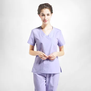 

Summer Women Solid Mock Wrap Scrub Uniforms Lilac Medical Clothing Sets Nursing Uniform Top and Pant UltraSoft Moisture Wicking