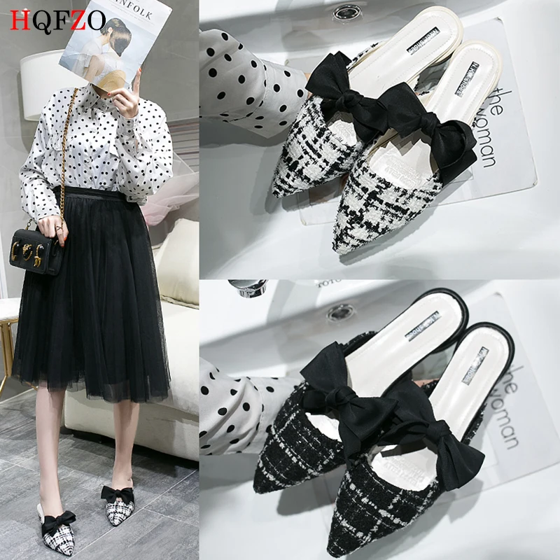 

HQFZO Fashion Pointed Toe Slip On Low Heels Tassel Fabric Mules Female Shoes Bowknot Shallow Women Spring Summer Shoes Footwear