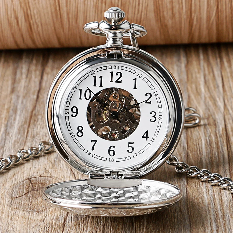 Luxury Mirror Shield Silver Hand Winding Mechanical Cool Skeleton Analog Wind Up Men Women Pocket Watch 5