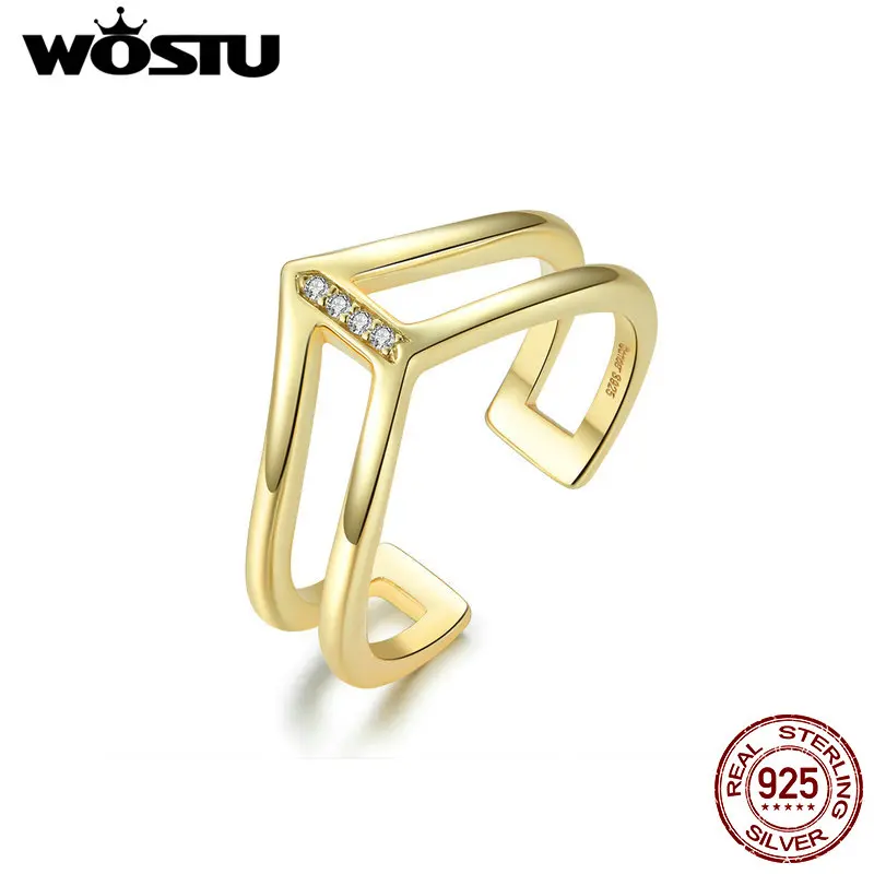 

WOSTU Gold Color Geometric Rings 100% 925 Sterling Silver Adjustable Ring For Women Wedding Engagement Luxury Jewelry CTR040