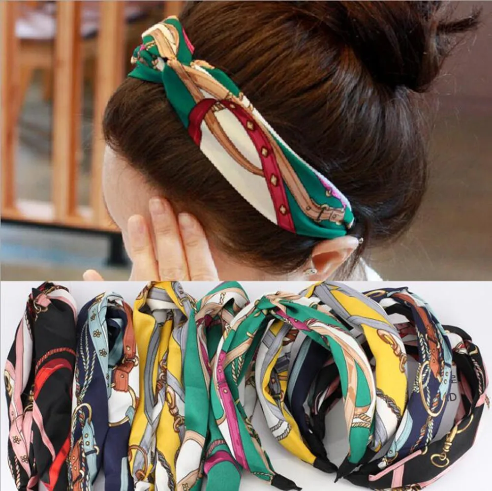 Chain Print Headbands for Women Designer Cross Turban Bandage Bandanas