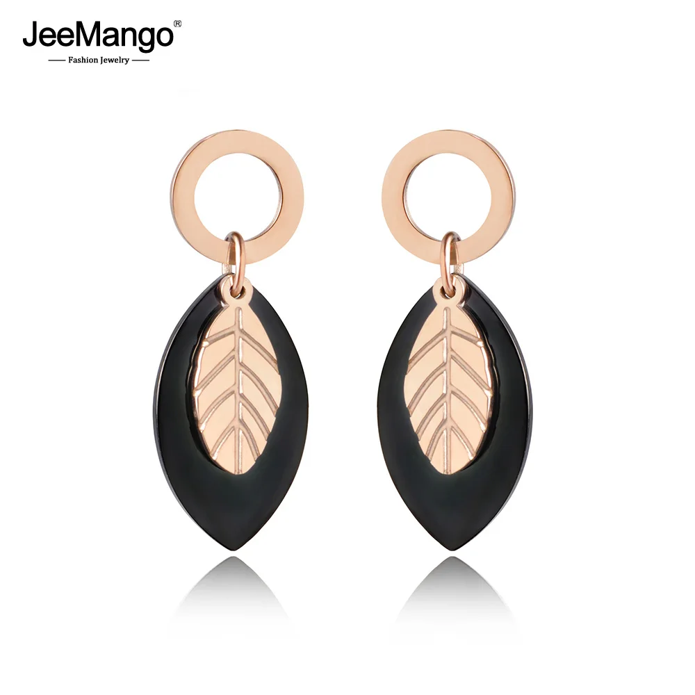 

JeeMango Black And Gold Color Leaf Stud Earrings For Women Girls Titanium Steel Rose Gold Party Female Earrings Jewelry JE18021