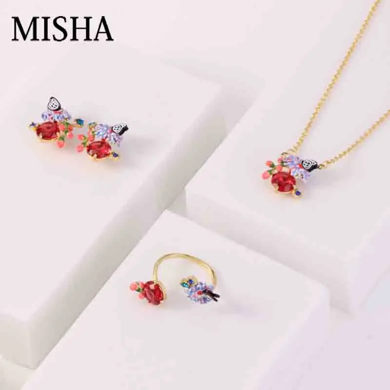 

MISHA Most Fine Rings Pendant Enamel Jewelry Set Elegant Red butterfly Necklace Simulation Gems Chic Earrings Wedding Sets 730