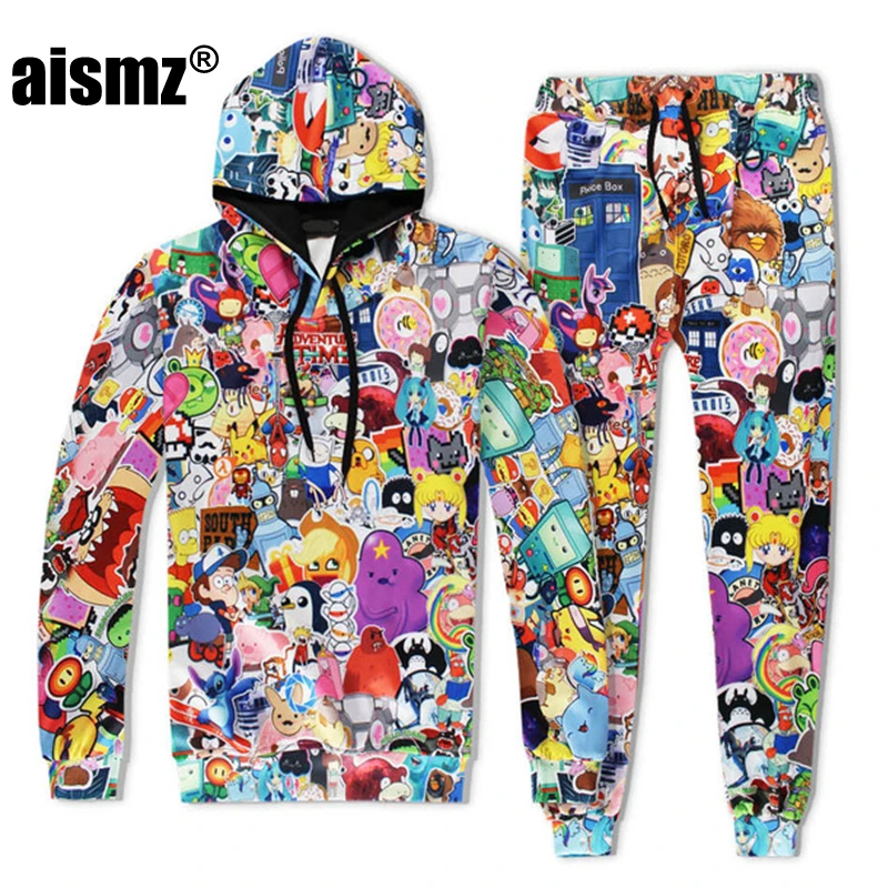 

Aismz Fashion Autumn Winter Casual Mens Tracksuit Set 3D Print Cartoon Hooded Sweatshirt+Pants 2 Piece Sets Moletom Masculino