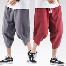 Корейские модные мужские мешковатые шаровары, летние свободные хлопковые льняные укороченные брюки с завязками на талии, штаны для бега 5XL