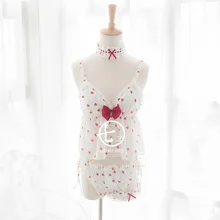 Сексуальная Клубничная Милая женская летняя шифоновая Пижама, пижама, комплект из 4 предметов, футболка с глубоким v-образным вырезом, трусики, кольцо на шею и ногу, милая