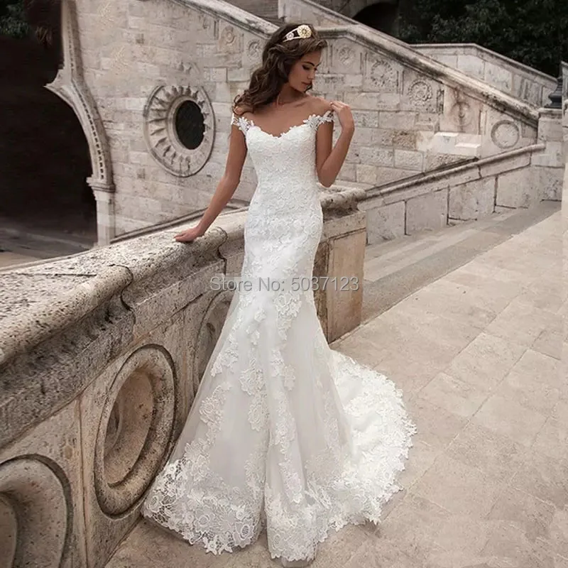 

Mermaid Wedding Dresses Elegant Lace Appliques V Neck Floor Length Off the Shoulder Vintage Bridal Gown Vestido de Noiva Longo