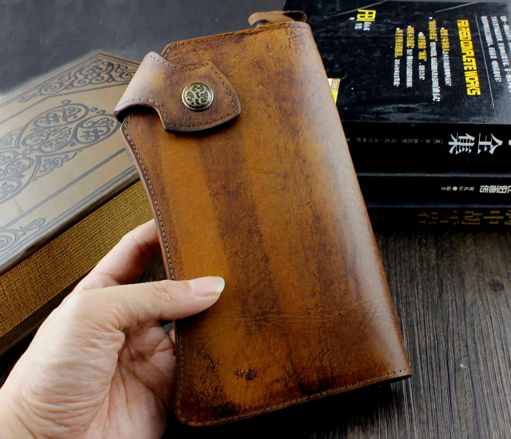 

Vintage Heavy Thick Genuine Leather Handmade wallet Unique Biker Purse Brown