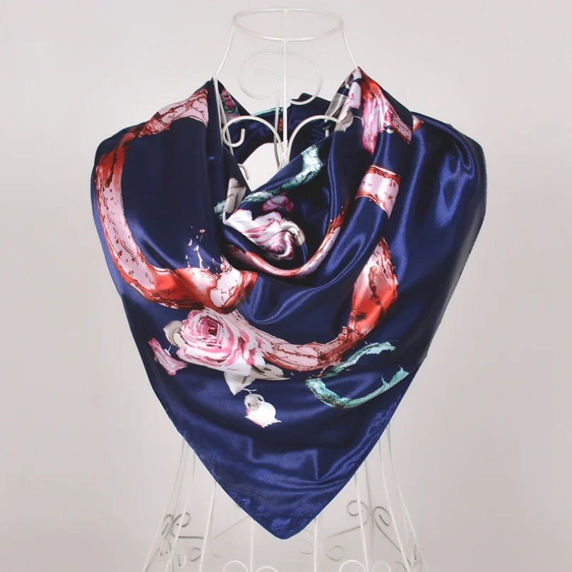Новое поступление женский шелковый шарф, модные аксессуары атласные большие квадратные женский шарф с принтом, дизайн бежевая шелковая шаль 90*90 см - Цвет: navy blue 581
