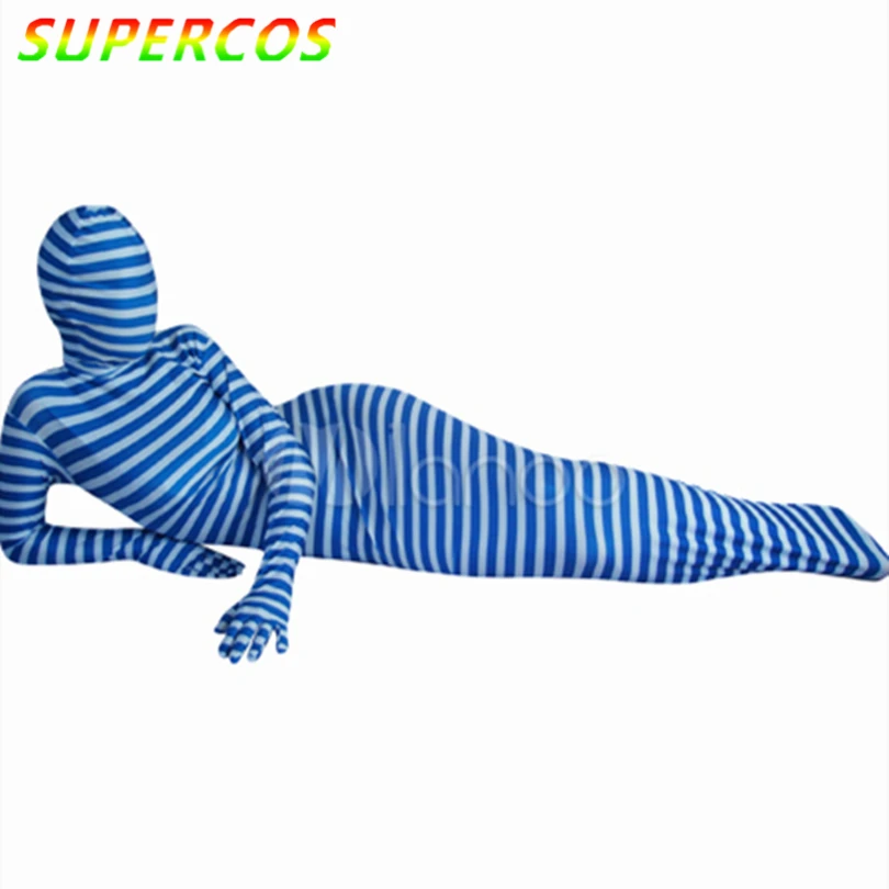 

High Quality Halloween Carnival Party Blue And White Stripe Mummy Bag Spandex Zentai Suit
